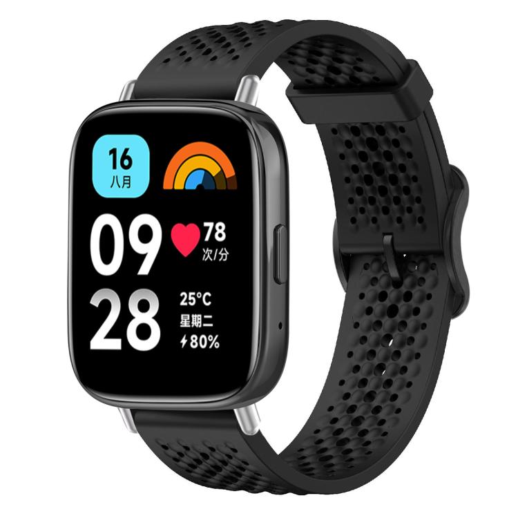 Black perforated silicone smartwatch band shown fitted to a rectangular smartwatch