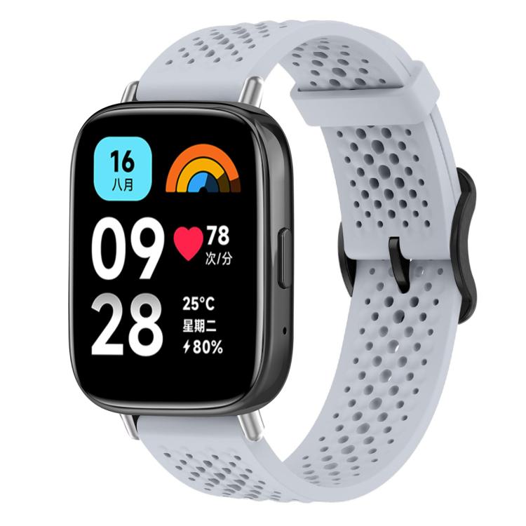 Light gray perforated silicone smartwatch band shown fitted to a rectangular smartwatch