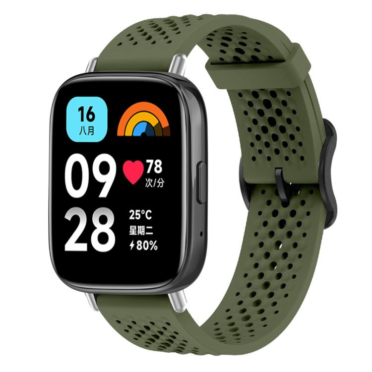 Olive green perforated silicone smartwatch band shown fitted to a rectangular smartwatch
