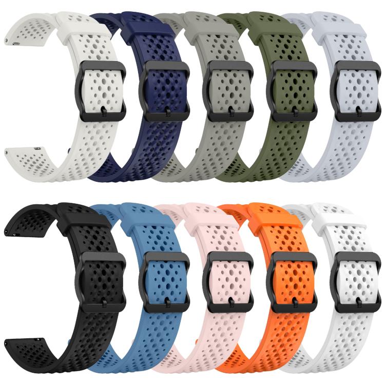 Assorted perforated silicone watch bands in multiple colors, shown from the buckle side