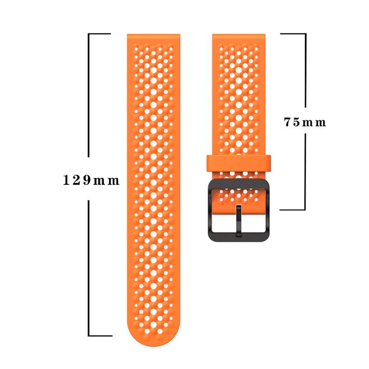 Orange perforated silicone watch band shown in two sections with length measurements