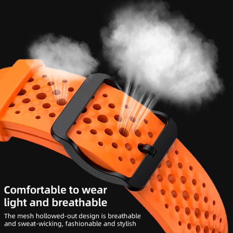 Orange perforated silicone watch band with black buckle, shown with airflow through the holes