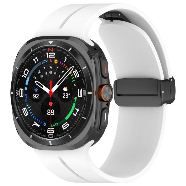 White silicone watch band with black folding buckle fitted to a smartwatch