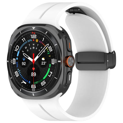 White silicone watch band with black folding buckle fitted to a smartwatch