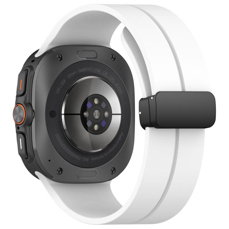 White silicone watch band with black folding buckle, shown from the watch's back
