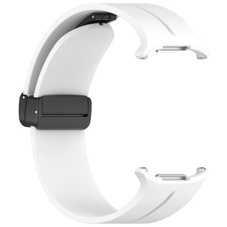 White silicone watch band with black folding buckle, shown unattached