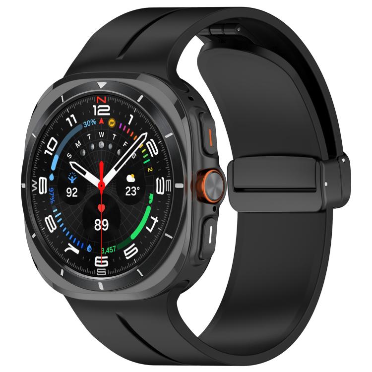 Galaxy watch with a black silicone band and folding buckle
