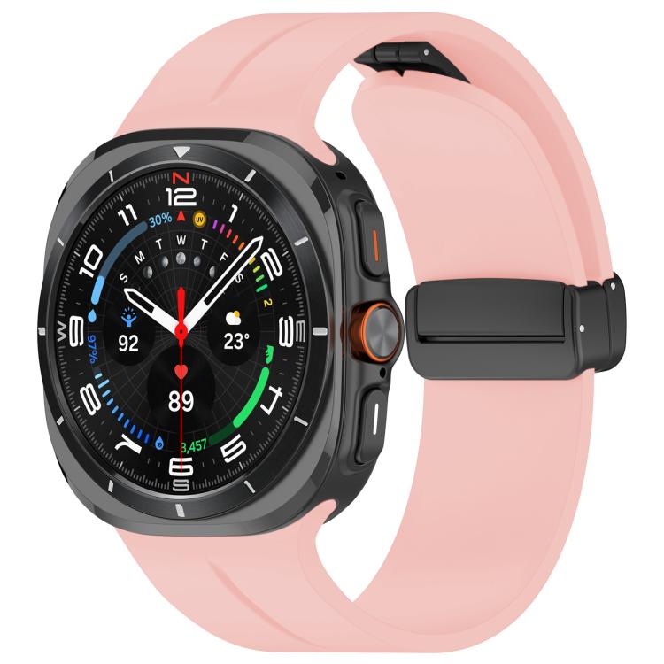 Light pink silicone watch band with black folding buckle fitted to a smartwatch