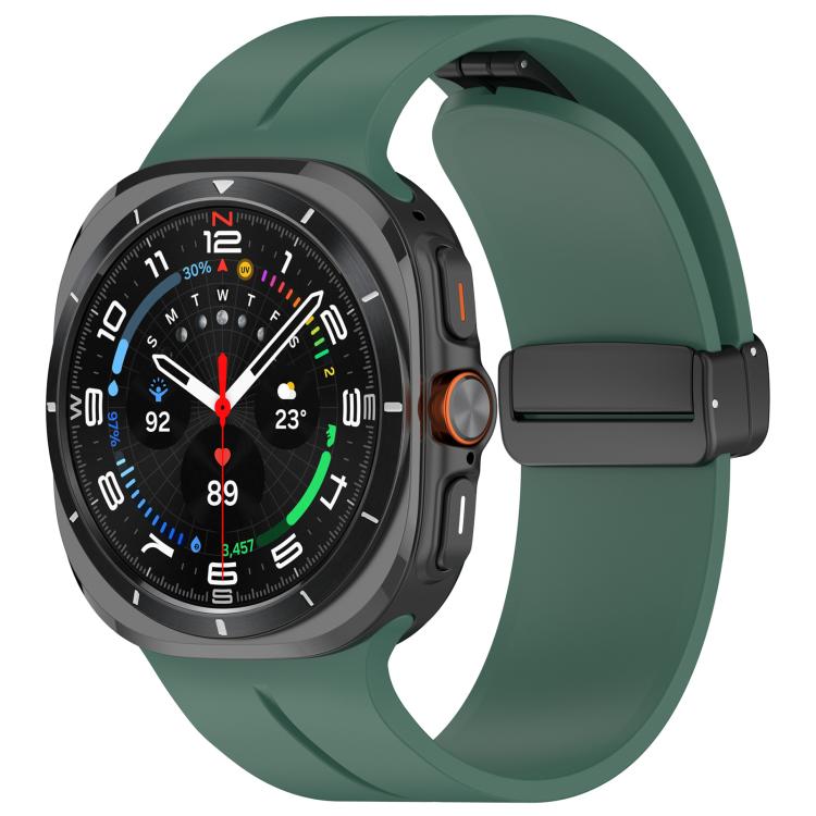Pine green silicone watch band with black folding buckle fitted to a smartwatch