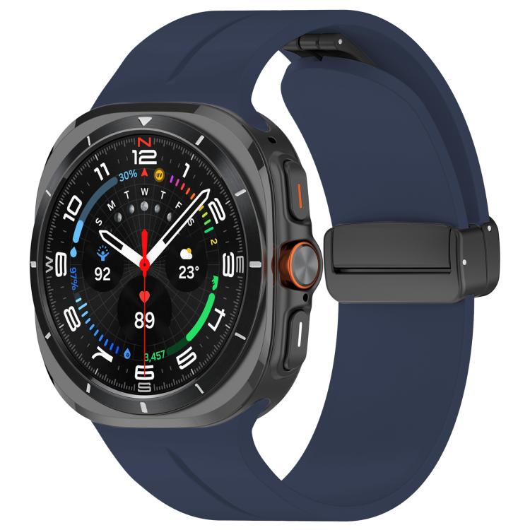 Midnight blue silicone watch band with black folding buckle fitted to a smartwatch