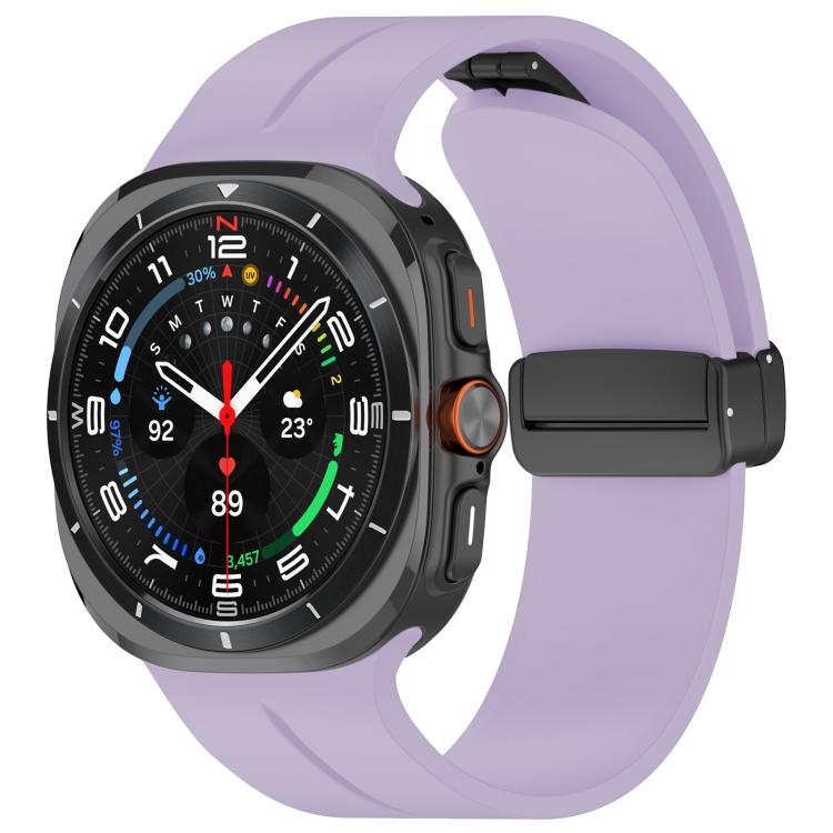 Galaxy watch with a lavender silicone band and black folding buckle