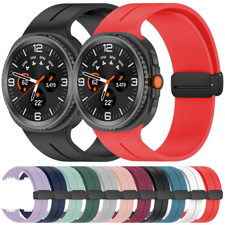 Galaxy watches with black and red bands above a row of color options
