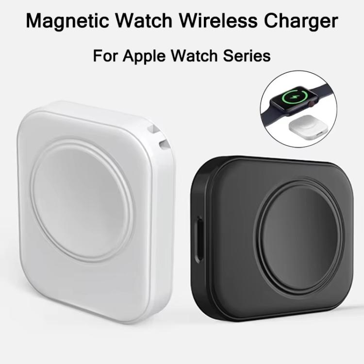Magnetic wireless watch chargers in white and black, shown beside a charging watch.