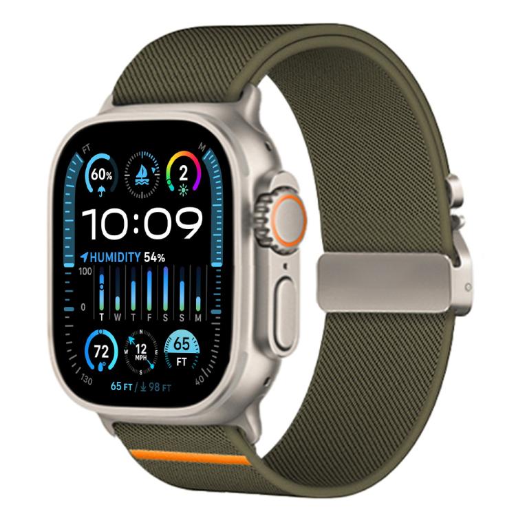 Army green xDfind nylon watch band with parachute buckle and orange accent, shown on Apple Watch