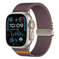 Smoke purple xDfind nylon watch band with parachute buckle and orange accent, shown on Apple Watch