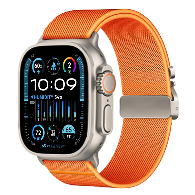 Bright orange stretch nylon Apple Watch band with a metal parachute buckle
