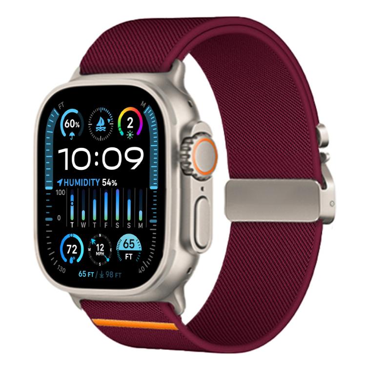 Wine red stretch nylon Apple Watch band with orange accent and metal parachute buckle