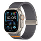 Dark gray stretch nylon Apple Watch band with orange accent and metal parachute buckle