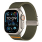 Army green stretch nylon Apple Watch band with orange accent and metal parachute buckle