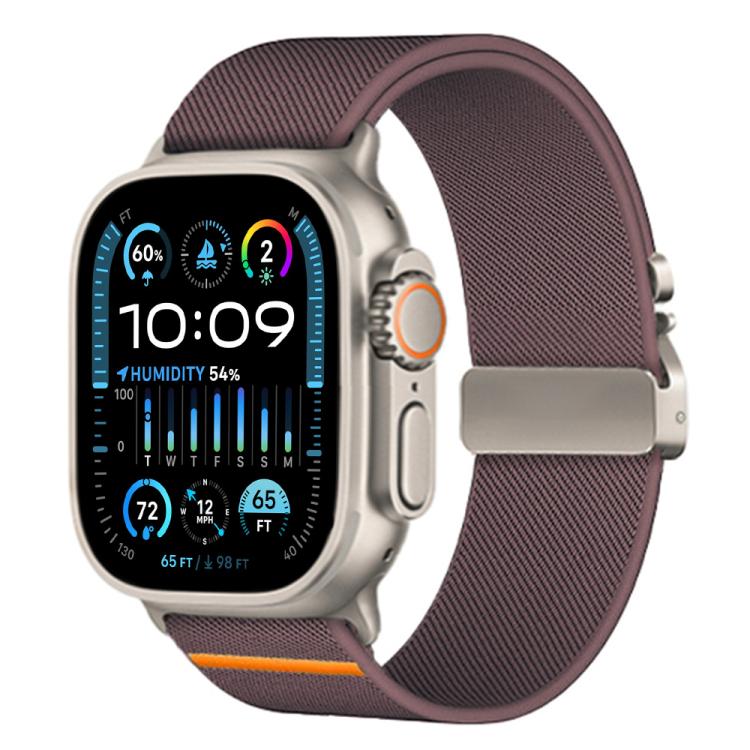 Apple Watch with a muted wine red stretch nylon band, silver buckle, and orange accent stripe