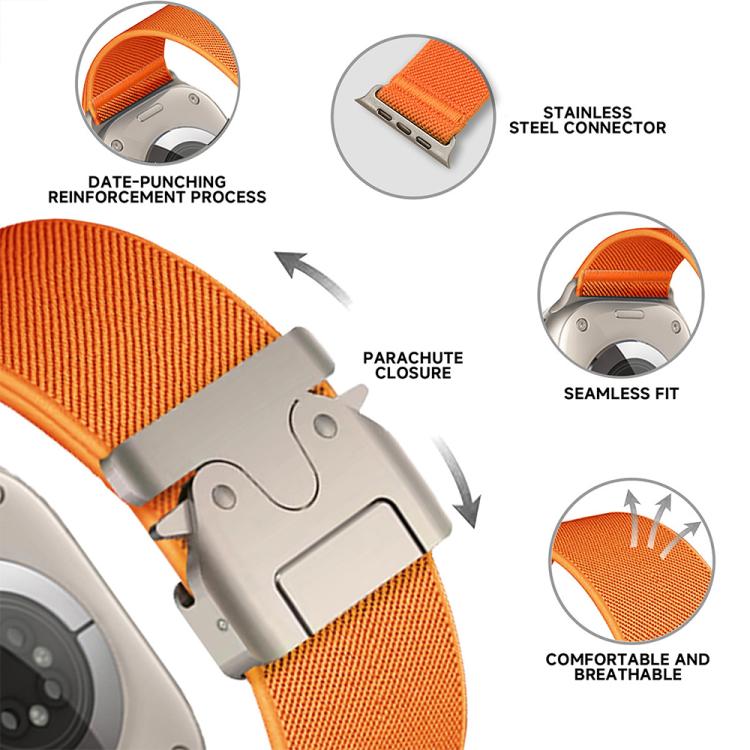 Orange stretch nylon Apple Watch band showing its metal buckle, connectors, and reinforced ends