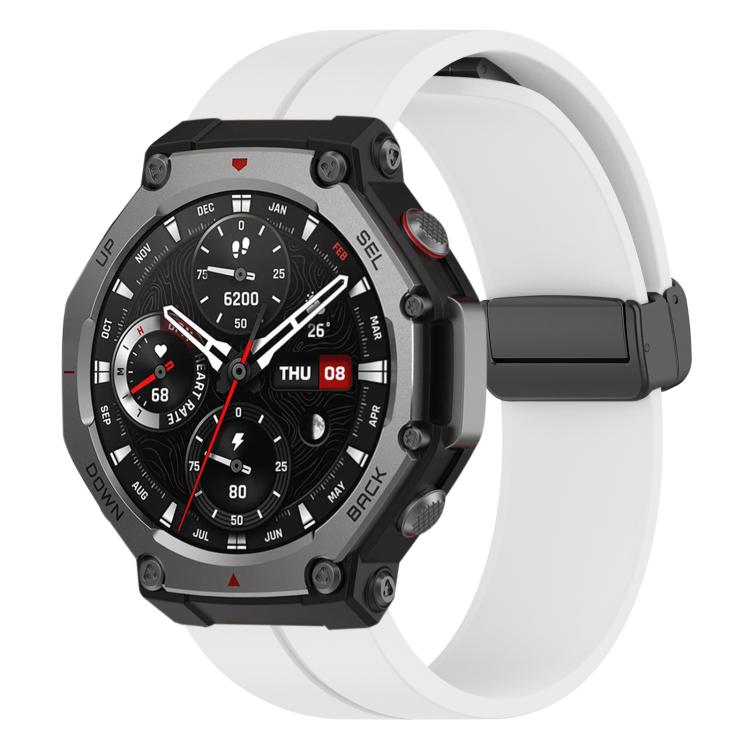 White silicone watch band with black folding buckle on an Amazfit T-Rex 3 watch