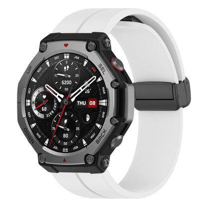 White silicone watch band with black folding buckle on an Amazfit T-Rex 3 watch