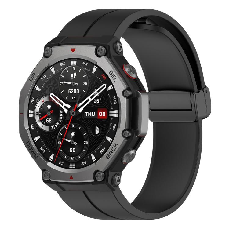 Black silicone watch band with black folding buckle on an Amazfit T-Rex 3 watch