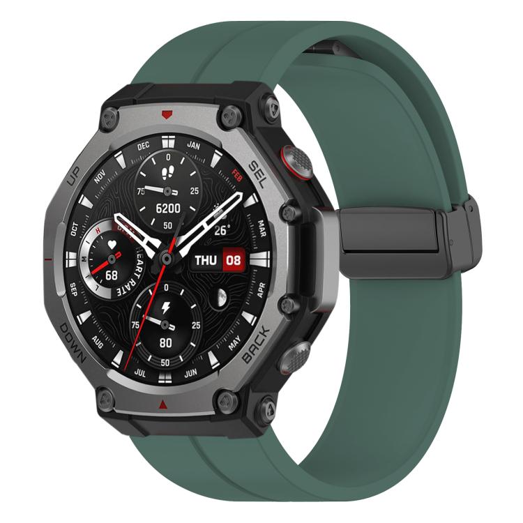 Pine green silicone watch band with black folding buckle on an Amazfit T-Rex 3 watch