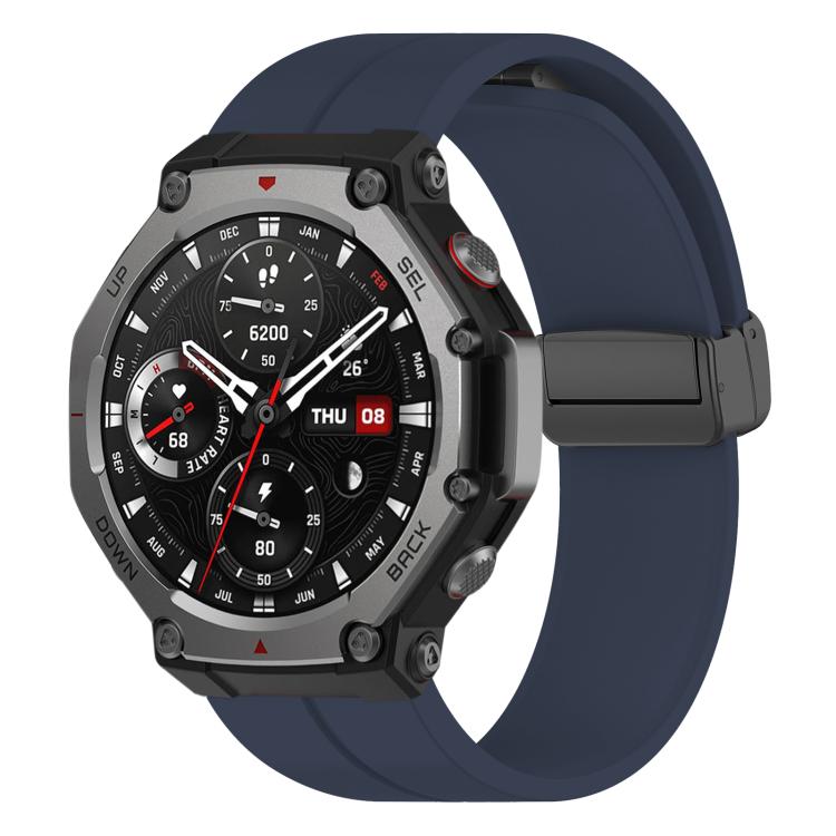 Dark blue silicone watch band with black folding buckle on a rugged smartwatch