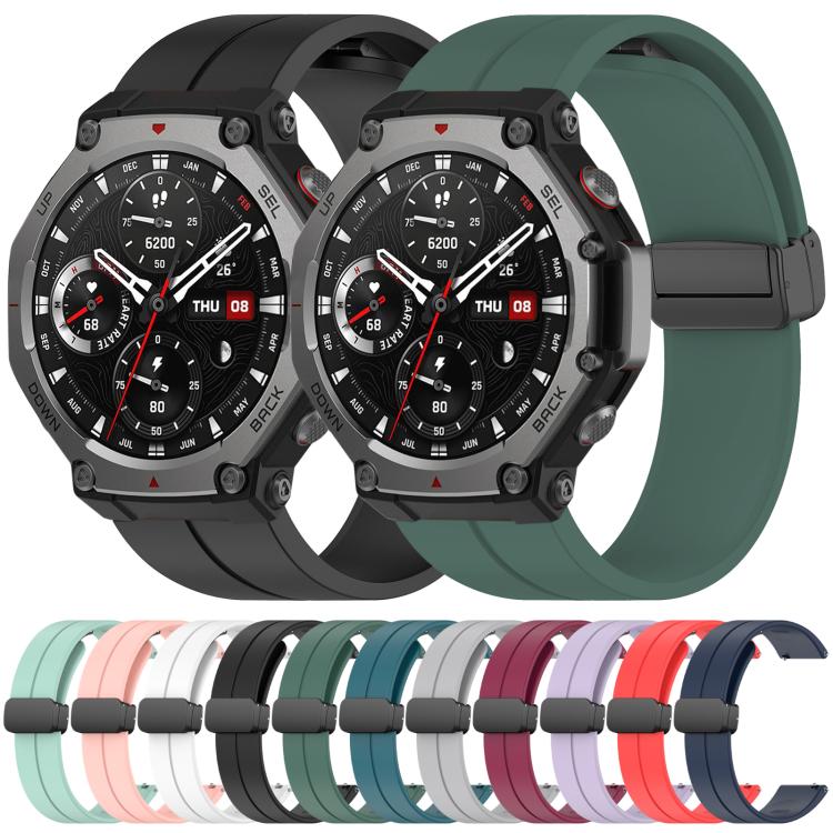 Silicone watch band with black folding buckle, shown in multiple colors with compatible watches