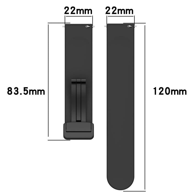 Black silicone watch band shown in two sections, with 22 mm width and length measurements