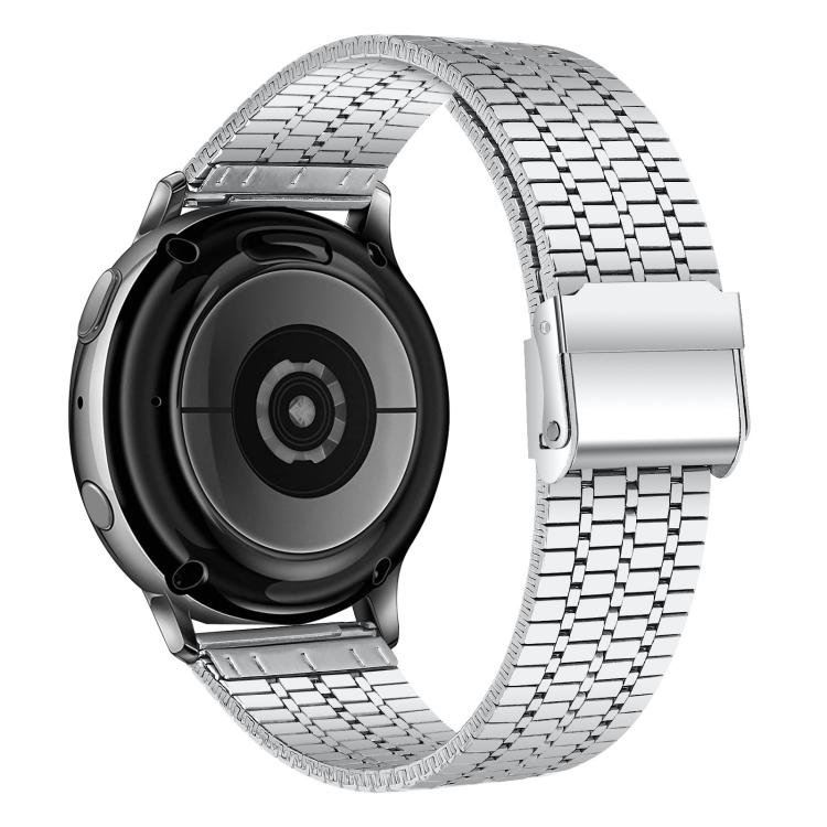 Back view of a silver stainless steel watch band attached to a smartwatch