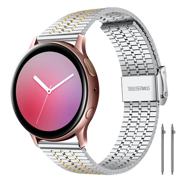 xDfind stainless steel watch band with silver and gold links, shown on a rose gold watch