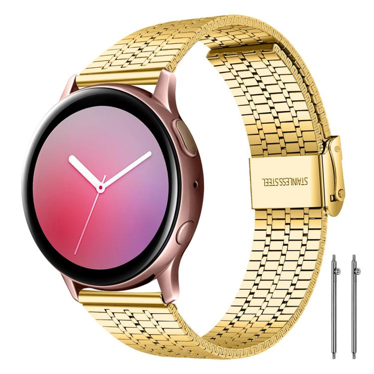 xDfind gold stainless steel watch band with folding buckle, shown on a rose gold watch