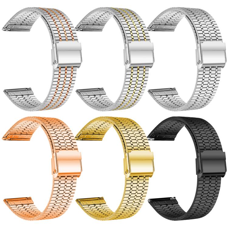 Six stainless steel watch bands in silver, two-tone, rose gold, gold, and black