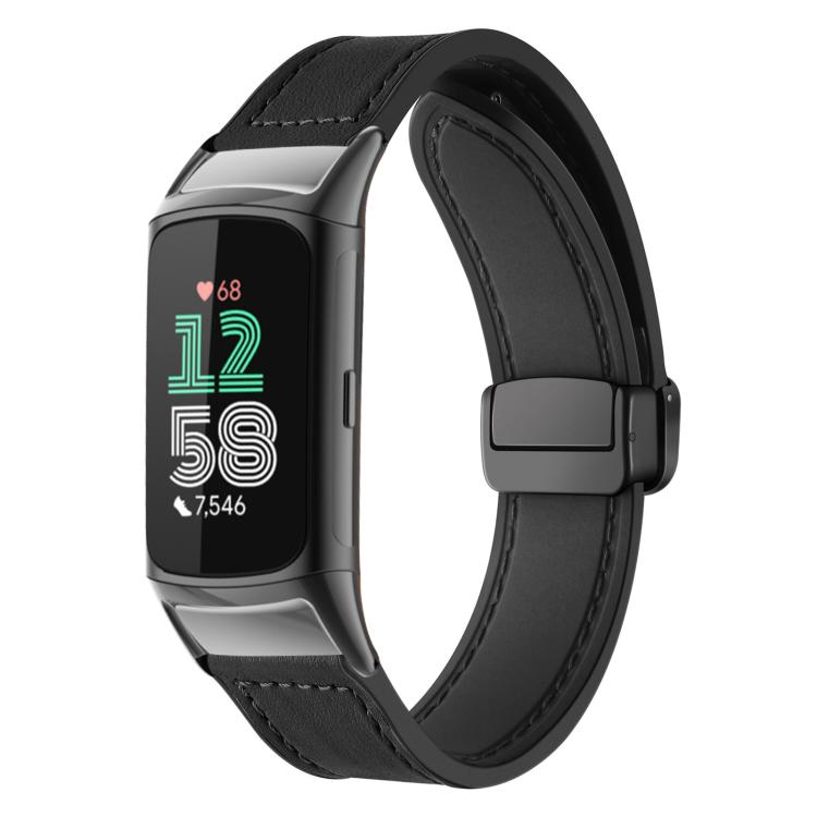 Black silicone watch band with stitched pattern and magnetic buckle, shown on a fitness tracker