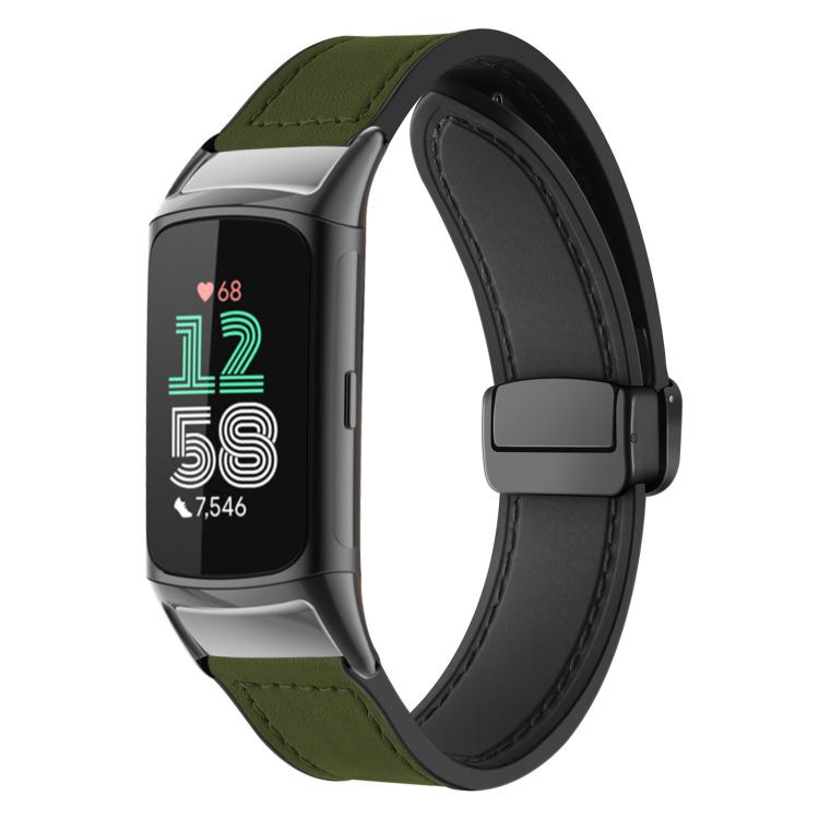 Army green silicone watch band with stitched pattern and magnetic buckle on a fitness tracker