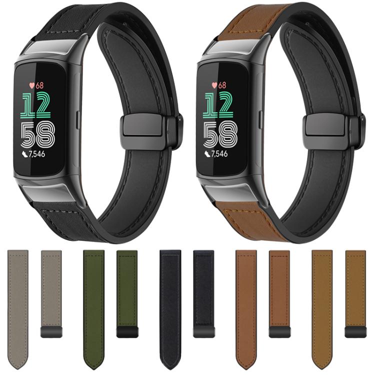 Watch band color options in black, brown, taupe, green, and tan, with extra strap pieces