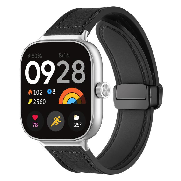 Black silicone watch band with stitched pattern and magnetic buckle, shown on a smartwatch.