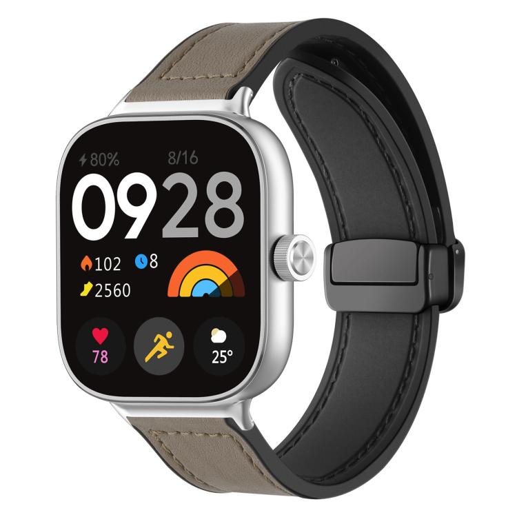 Taupe silicone watch band with stitched pattern and magnetic buckle, shown on a smartwatch.