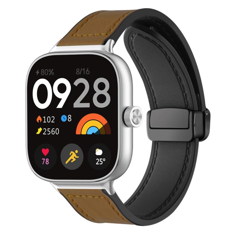 Light brown silicone watch band with stitched pattern and magnetic buckle, shown on a smartwatch.