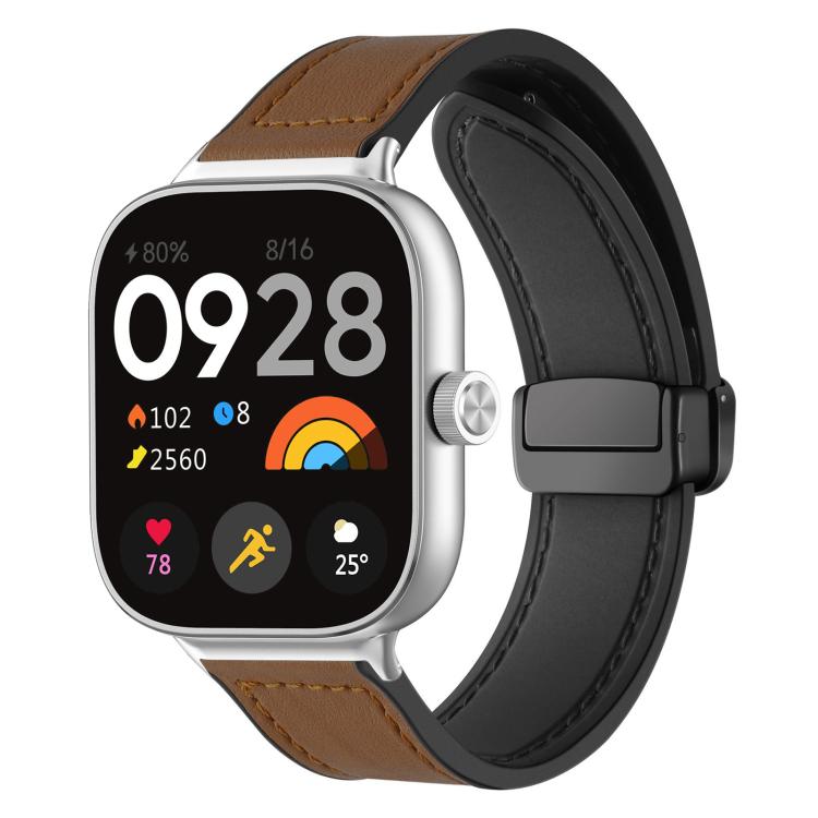 Brown and black silicone watch band with stitched panels and magnetic buckle