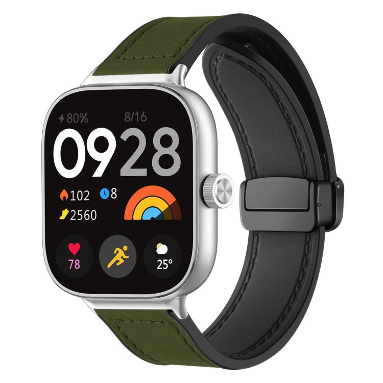 Army green silicone watch band with stitched pattern and magnetic buckle, shown on a smartwatch.