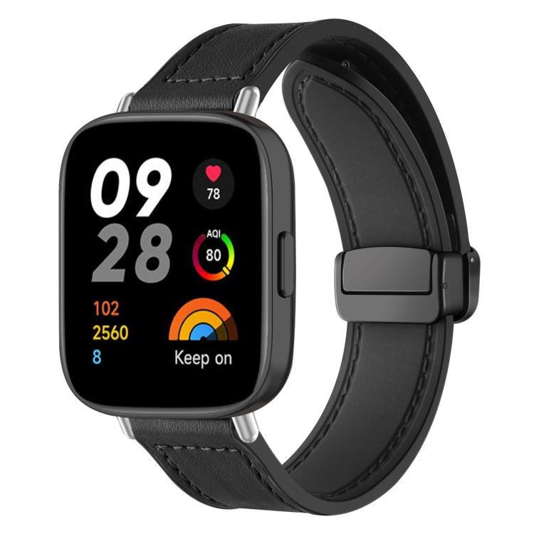 Black silicone watch band with magnetic buckle, shown on a smartwatch with a fitness display.