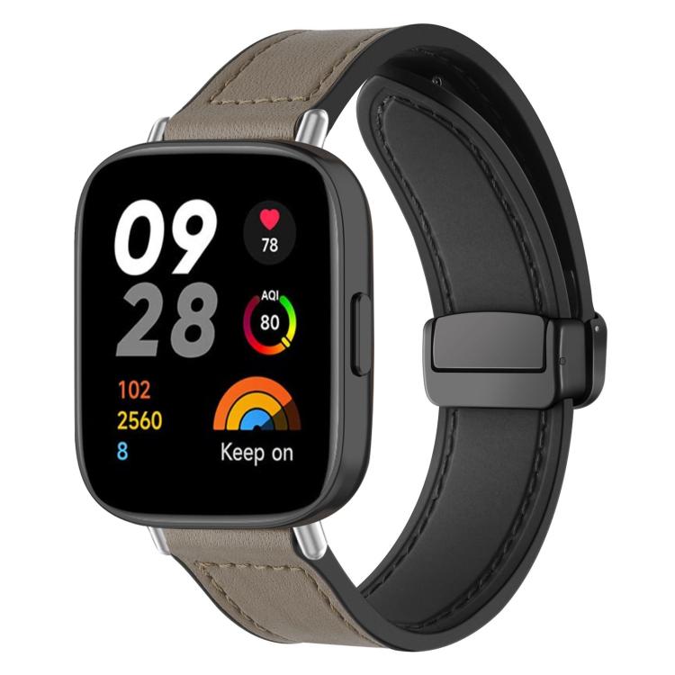 Taupe silicone watch band with magnetic buckle, shown on a smartwatch with a fitness display.