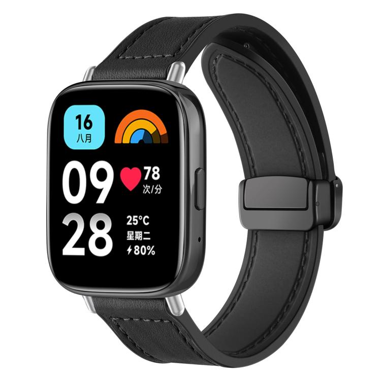 Black silicone watch band with magnetic buckle, fitted to a rectangular smartwatch.
