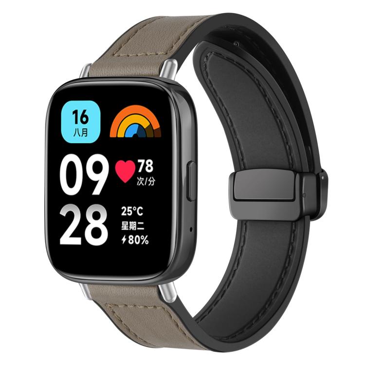 Taupe silicone watch band with magnetic buckle, fitted to a rectangular smartwatch.