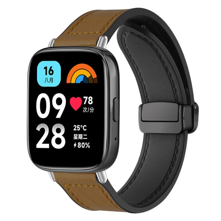 Light brown silicone watch band with magnetic buckle, fitted to a rectangular smartwatch.