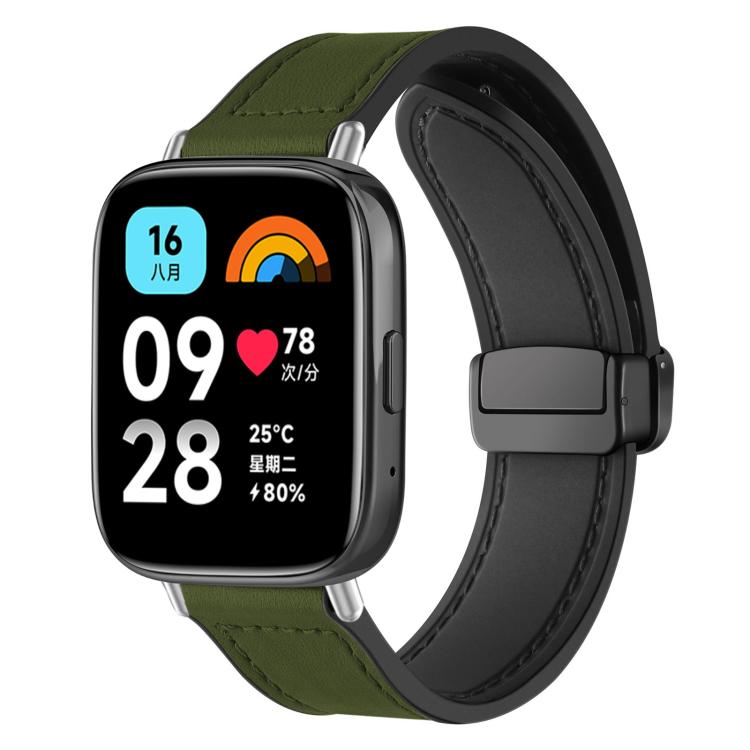 Olive green and black silicone watch band with stitched panels and magnetic buckle